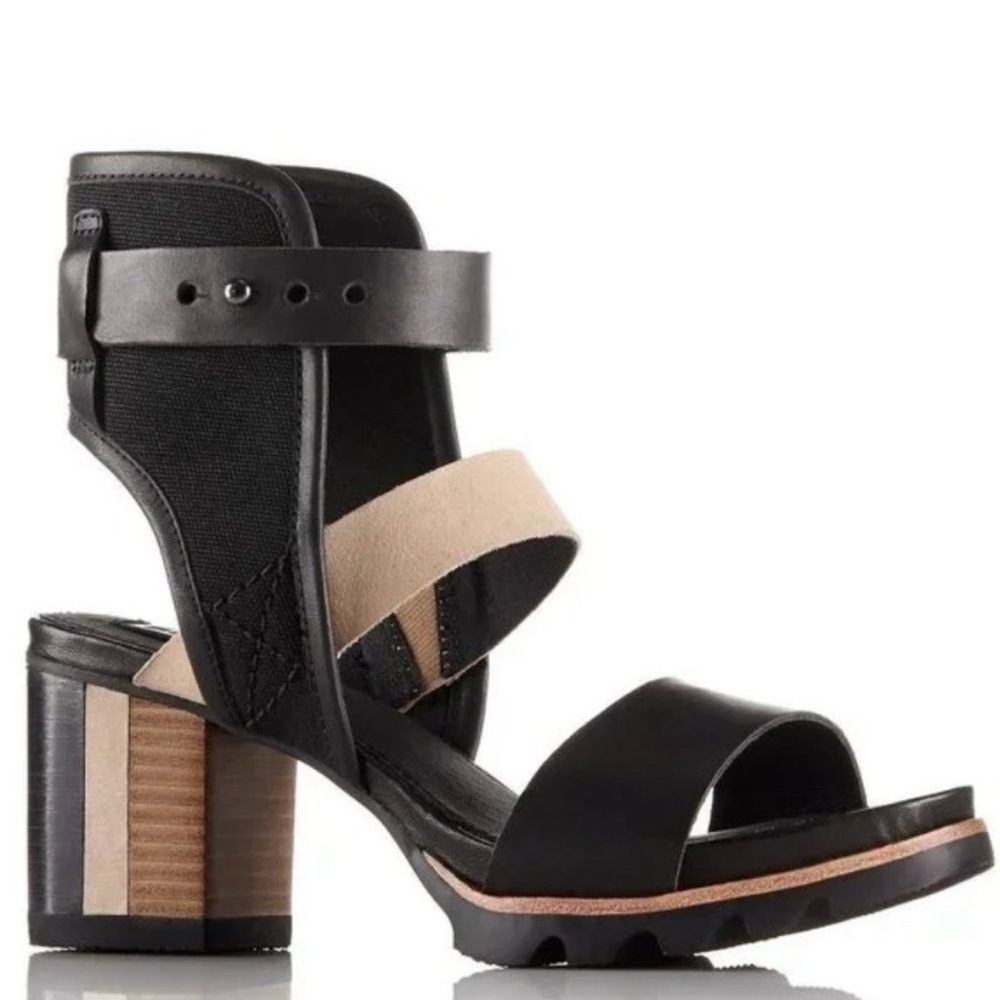Sorel Black and Tan Addington Sandal Heel